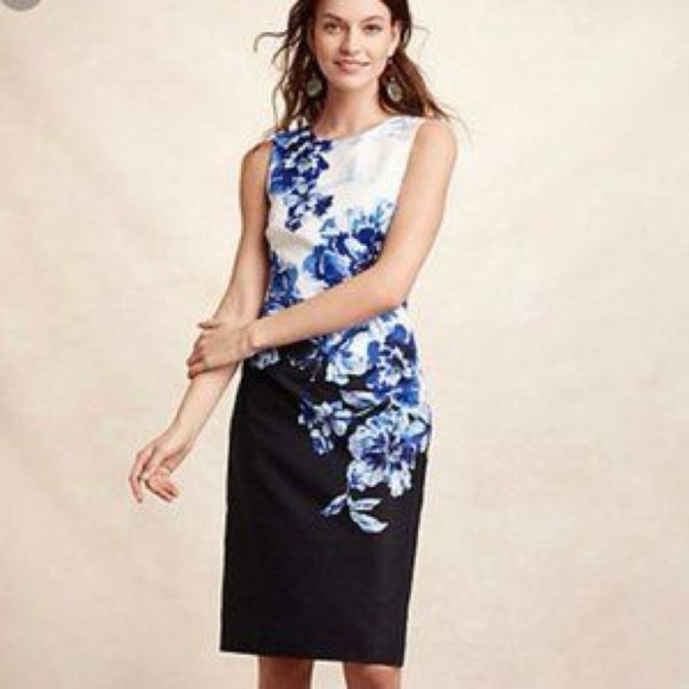 Anthropologie Maeve Dress Blue Off White Floral Sheath Cotton Stretch Size 6P